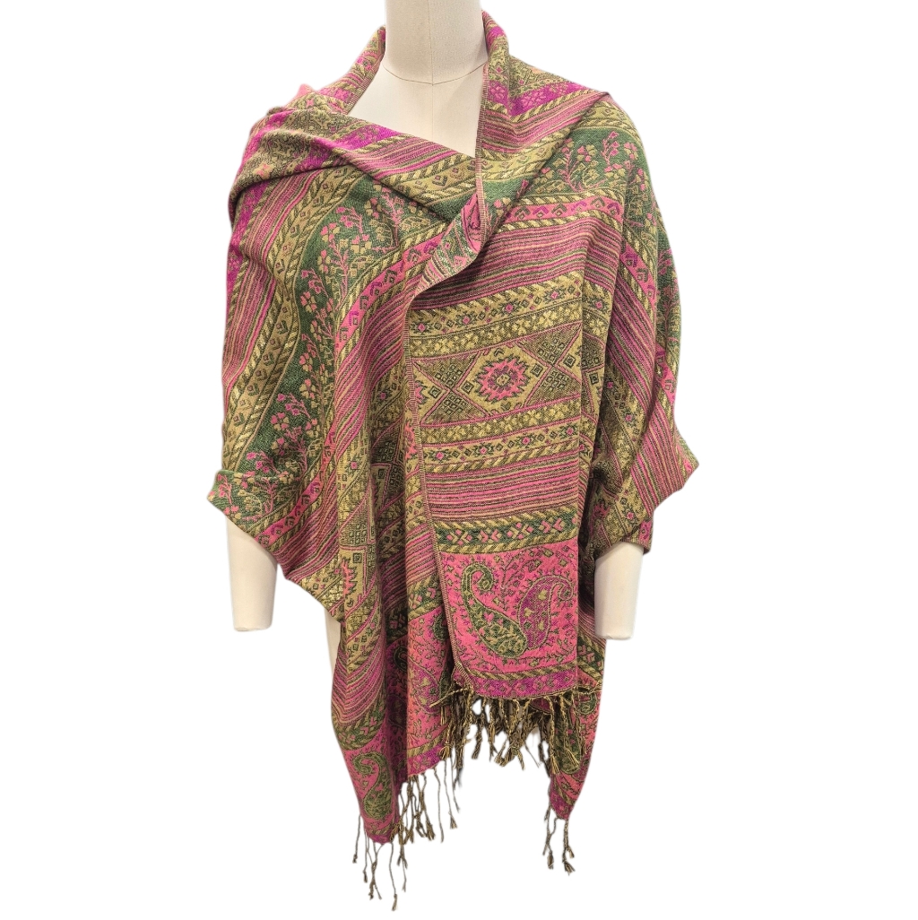 Pashmina Scarf Wrap Pink Green Floral Paisley Cashmere Silk Metallic 27x72 Inch